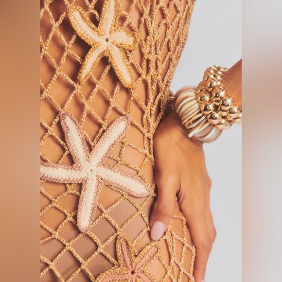 RETROFETE SERAFINA OPEN CROCHET STARFISH MAXI DRESS SIZE M/L IN ALMOND LUREX - Picture 4 of 17